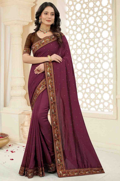 Wine Colour Vichitra Silk Embroidery Saree SD1120968