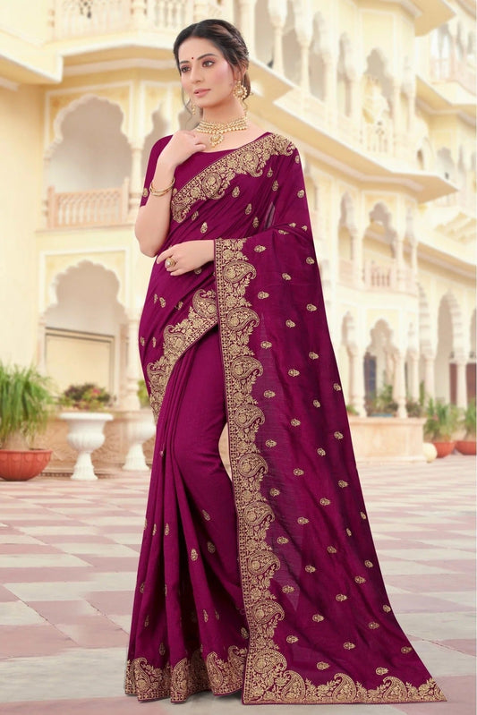 Wine Colour Vichitra Silk Resham Work Saree SD1090423