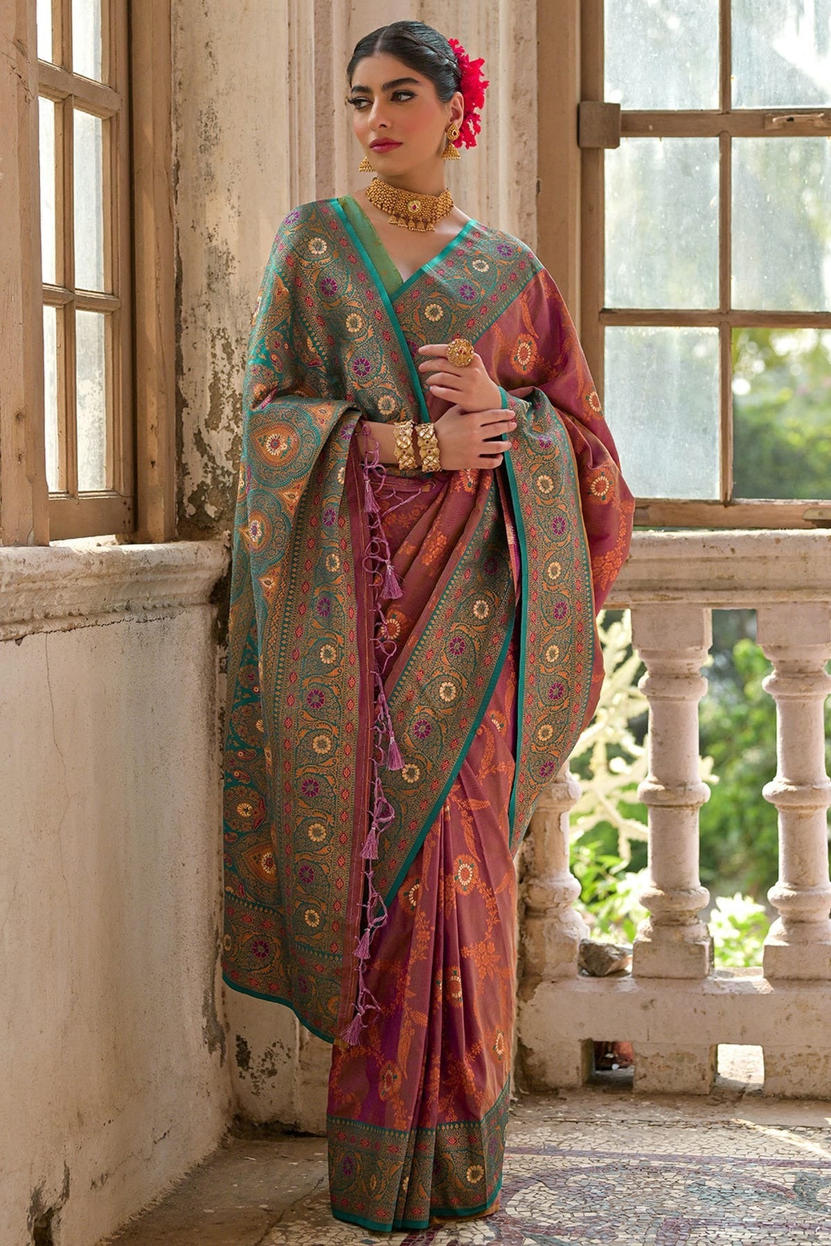Wine Colour Woven Work Banarasi Silk Saree SD1260006 A