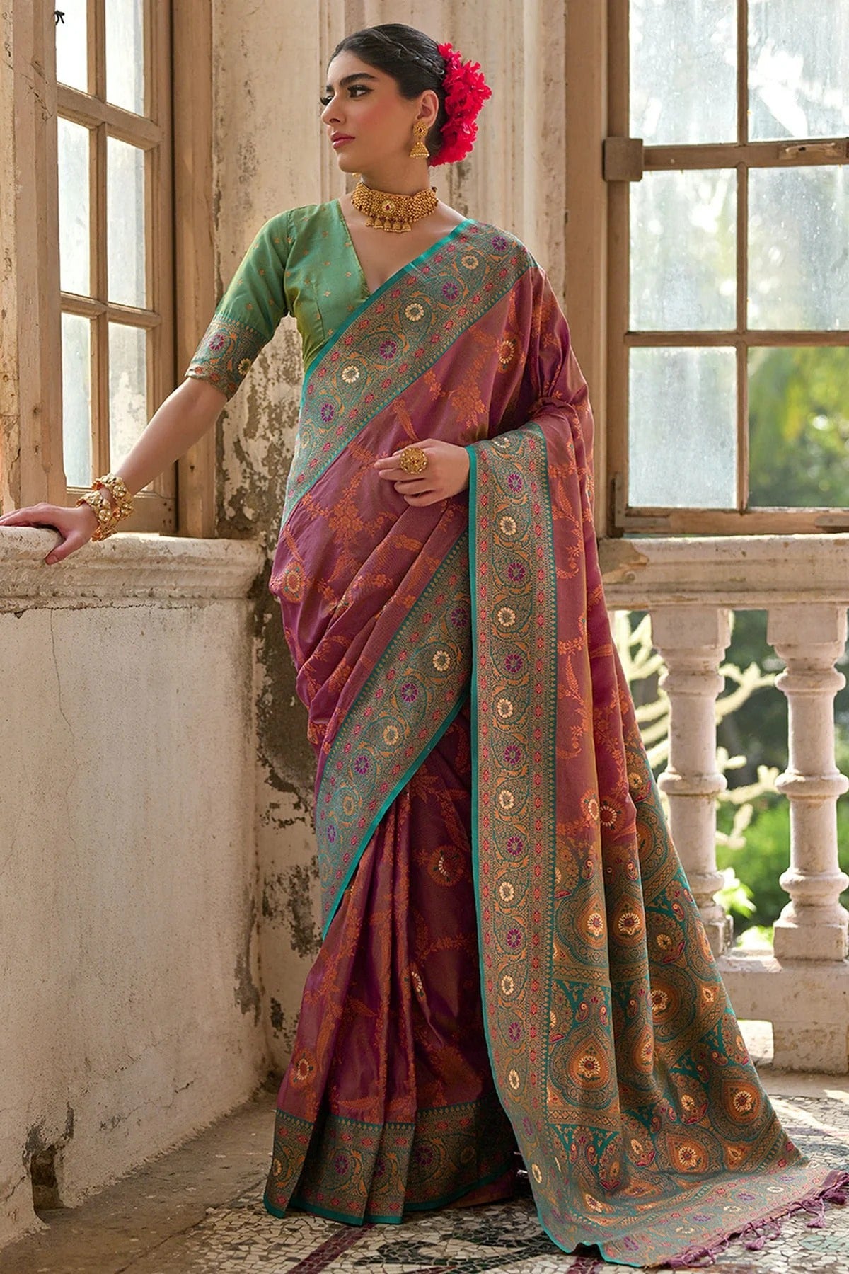 Wine Colour Woven Work Banarasi Silk Saree SD1260006