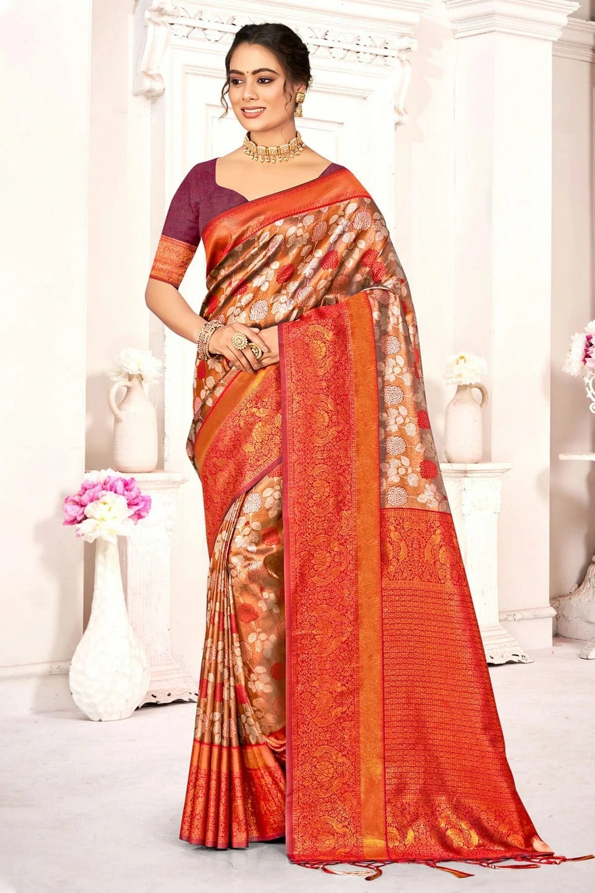 Wine Colour Woven Work Kanjivaram Silk Saree SD1102053