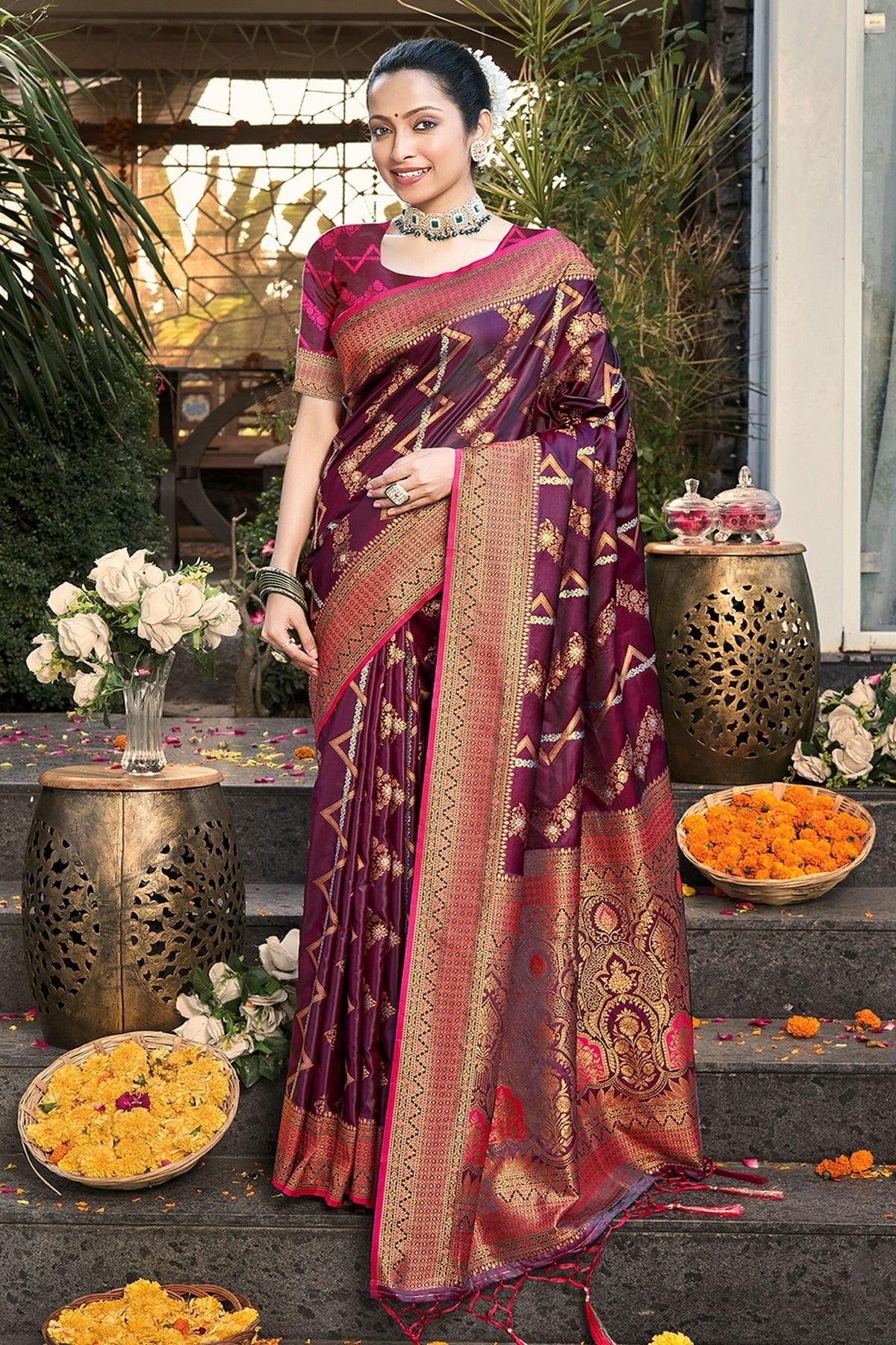 Wine Colour Woven Work Silk Saree SD1102164