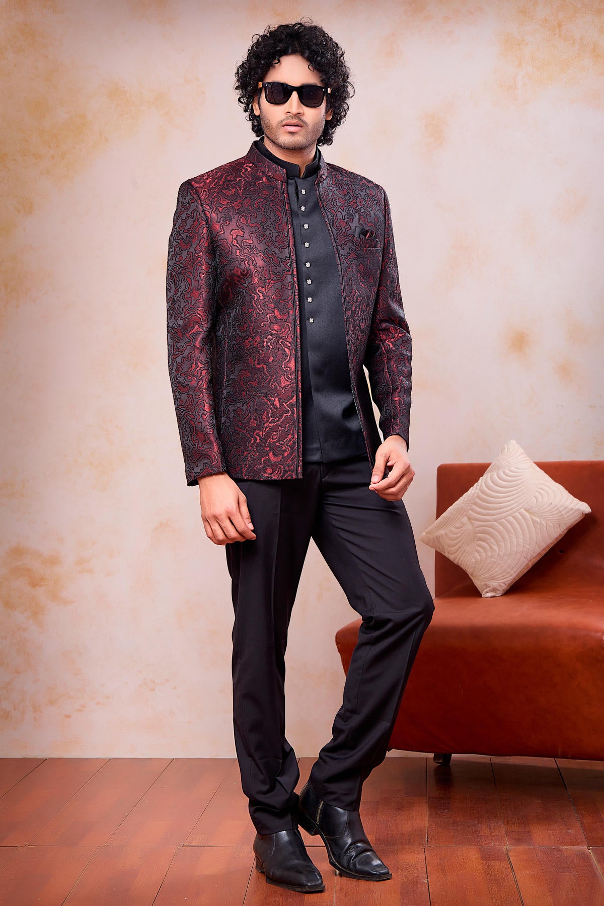 Wine and Black Colour Thread Work Embroidery Jacquard Jodhpuri