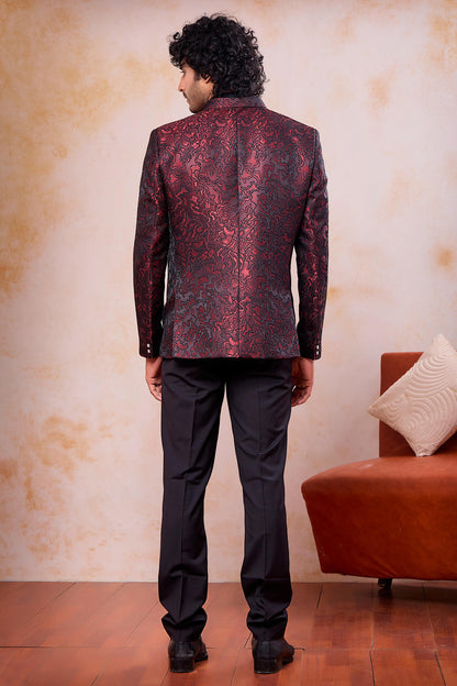 Wine and Black Colour Thread Work Embroidery Jacquard Jodhpuri