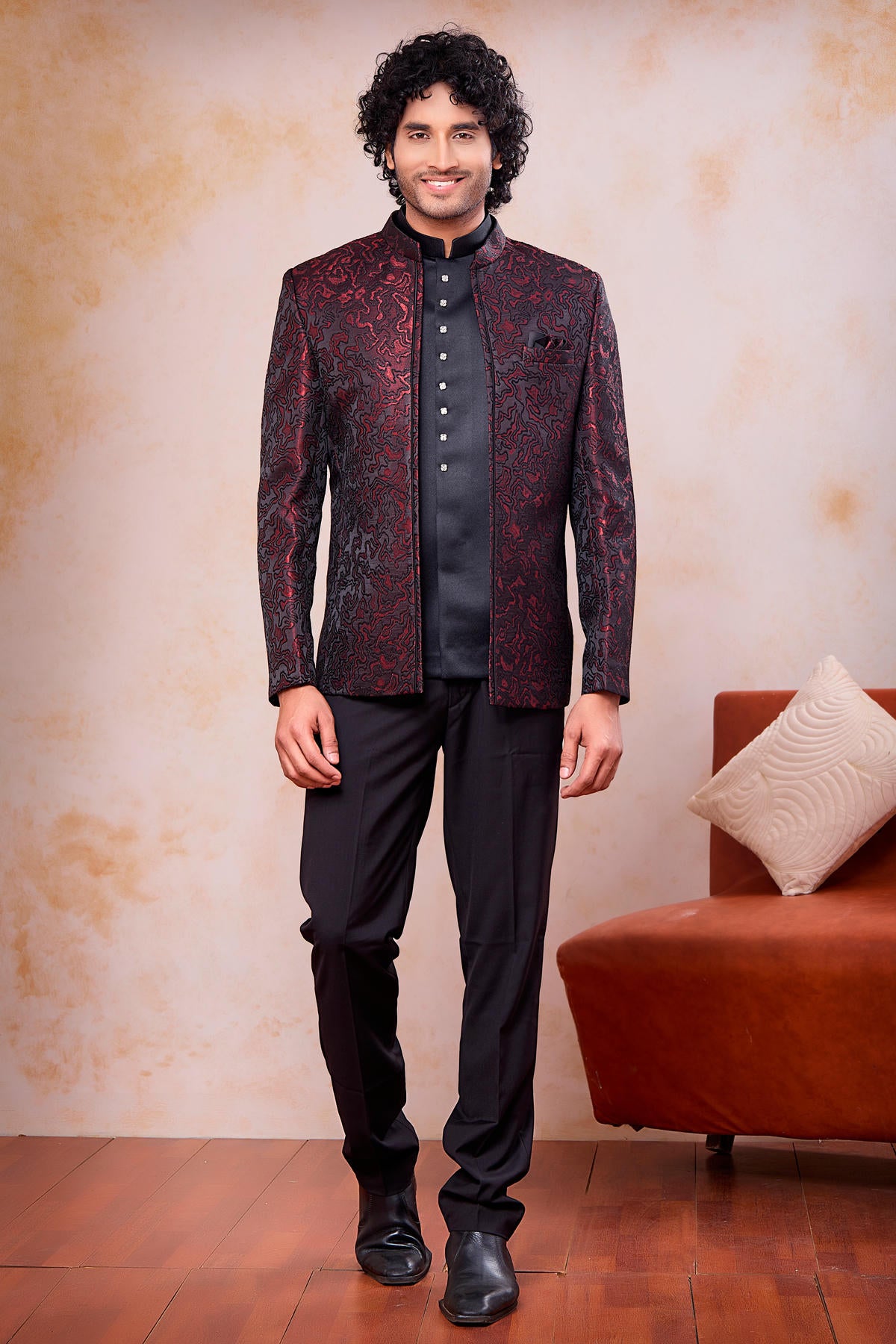Wine and Black Colour Thread Work Embroidery Jacquard Jodhpuri