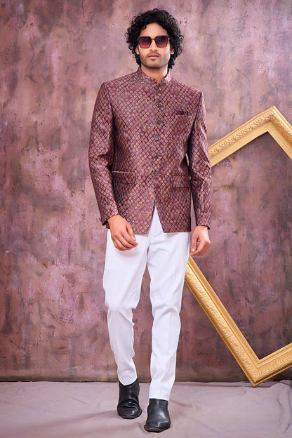 Wine and Black Colour Thread Work Embroidery Jacquard Jodhpuri