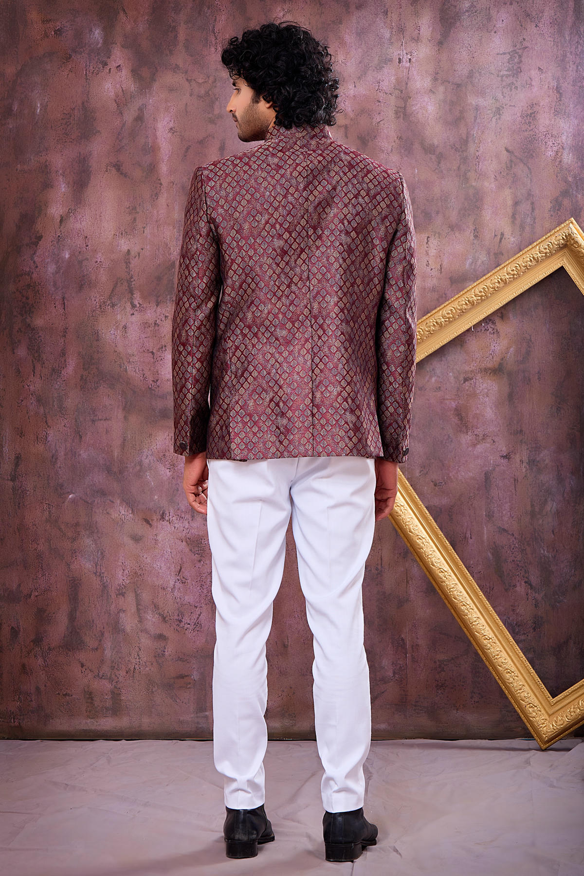 Wine and Black Colour Thread Work Embroidery Jacquard Jodhpuri