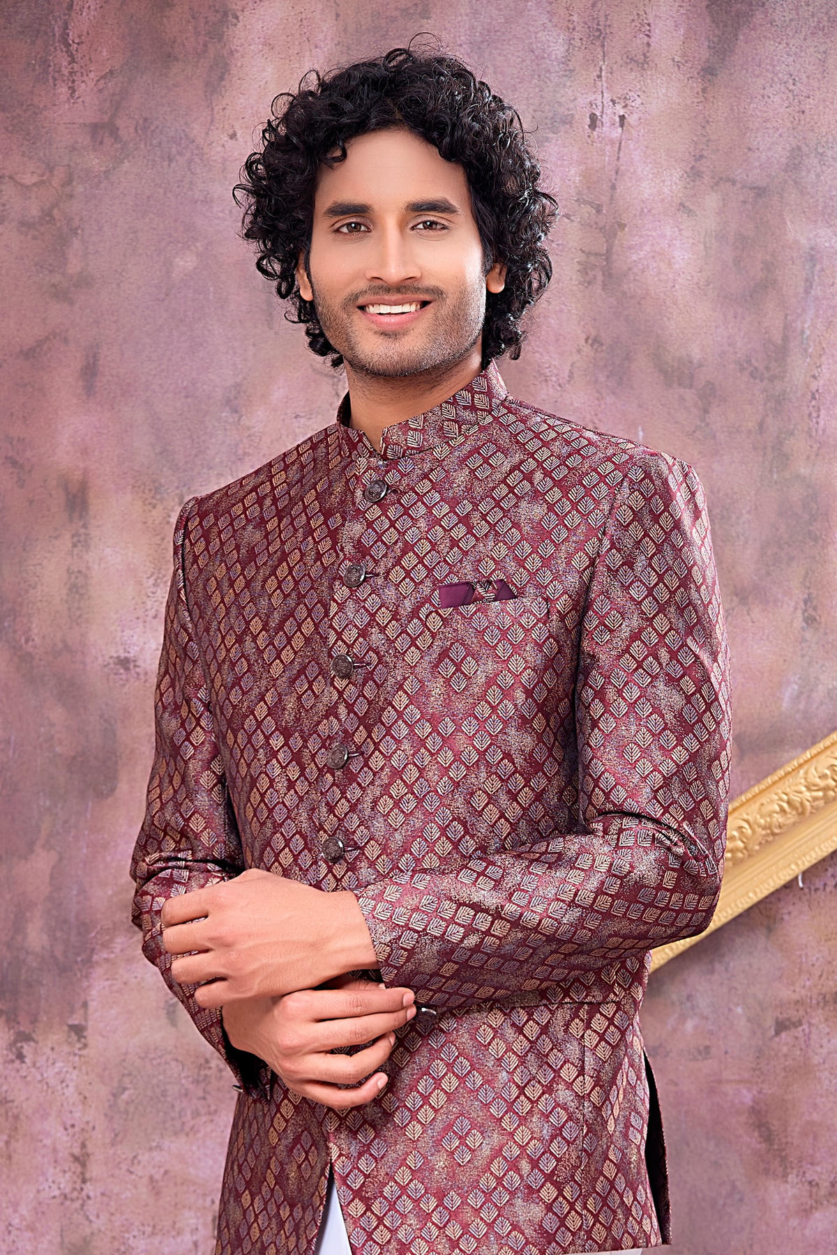 Wine and Black Colour Thread Work Embroidery Jacquard Jodhpuri