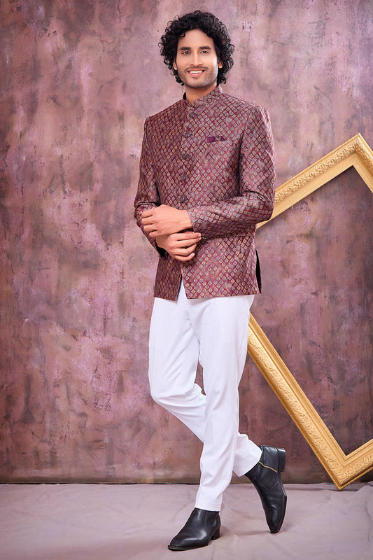 Wine and Black Colour Thread Work Embroidery Jacquard Jodhpuri