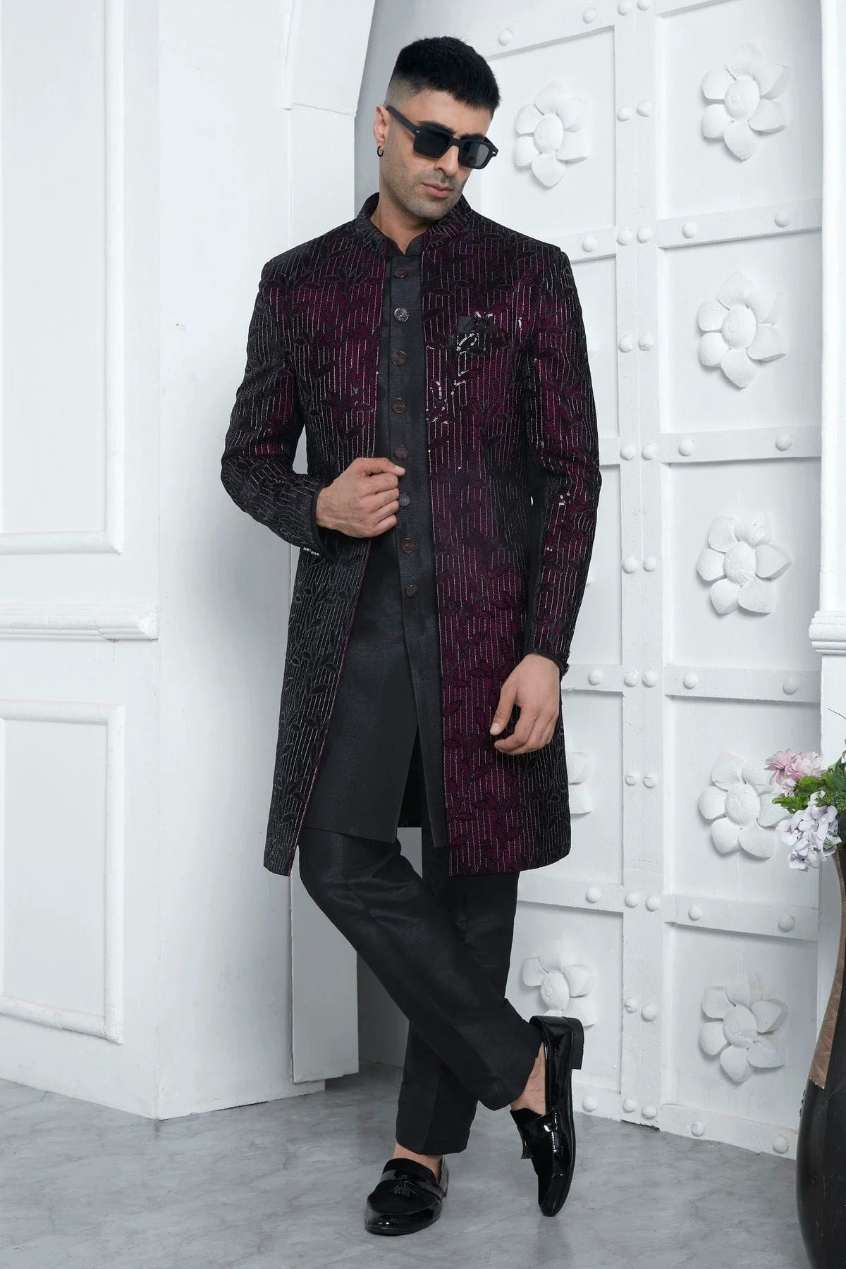 Wine and Black Colour Velvet Silk Indowestern Sherwani With Aligadhi Pant SH1230014 A