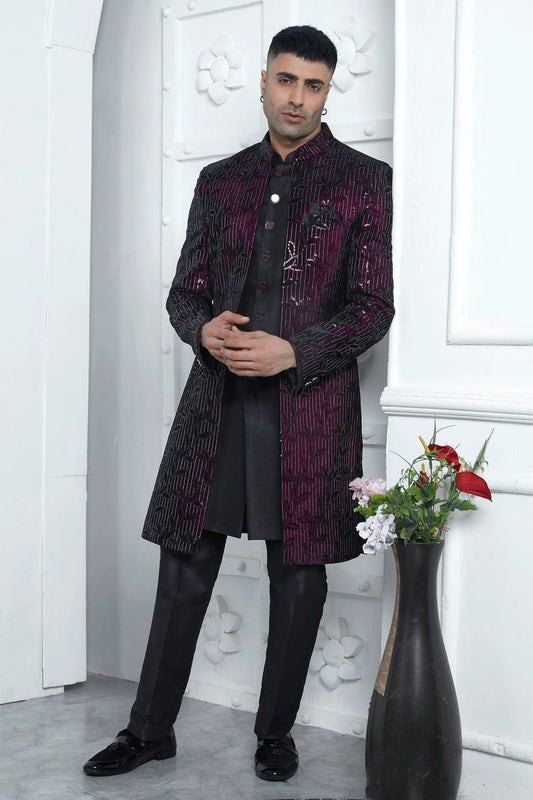 Wine and Black Colour Velvet Silk Indowestern Sherwani With Aligadhi Pant SH1230014