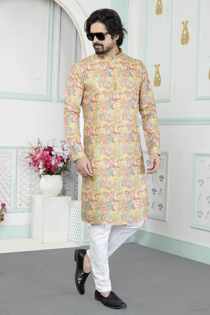 Yellow Colour Art Silk Digital Print Work Kurta Pajama