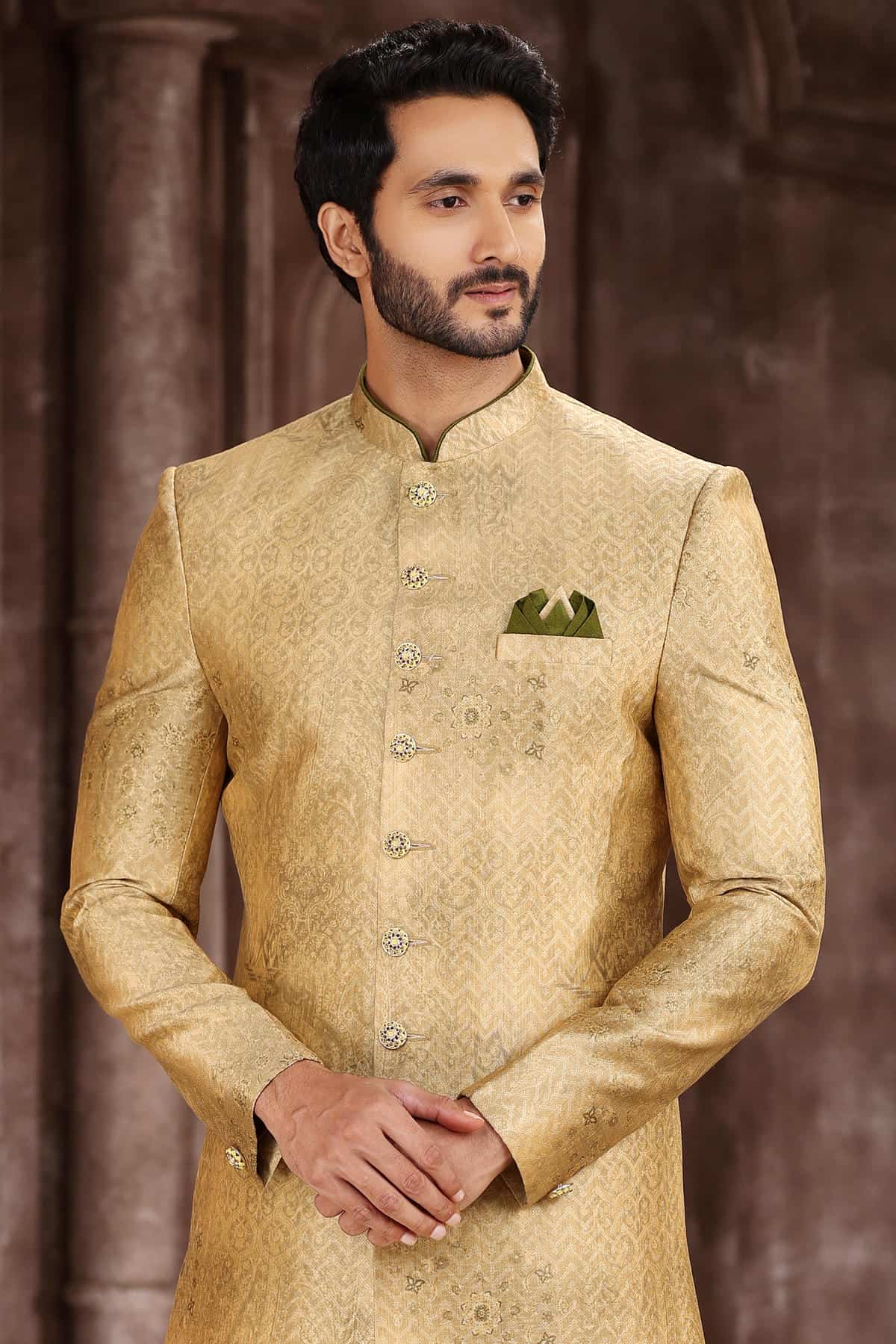 Yellow Colour Art Silk Digital Printed Work indo western Sherwani
