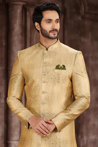 Yellow Colour Art Silk Digital Printed Work indo western Sherwani