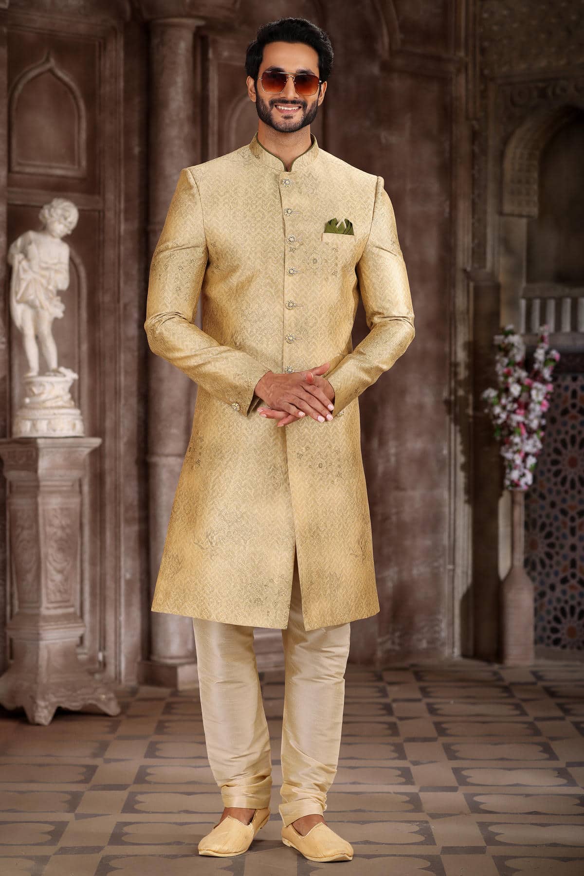 Yellow Colour Art Silk Digital Printed Work indo western Sherwani