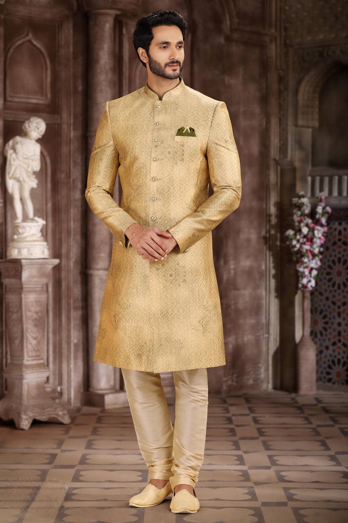Yellow Colour Art Silk Digital Printed Work indo western Sherwani