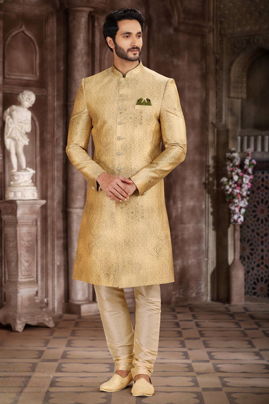 Yellow Colour Art Silk Digital Printed Work indo western Sherwani