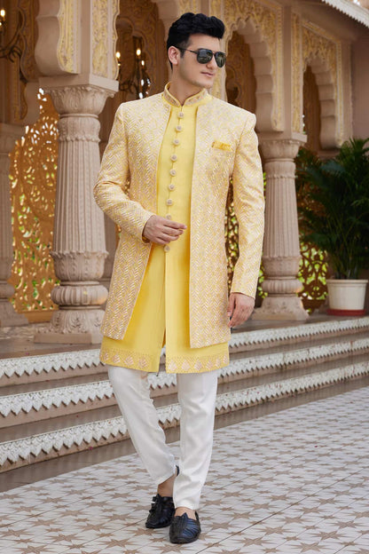 Yellow Colour Art Silk Embroidery Work 3 Pcs Indo Western