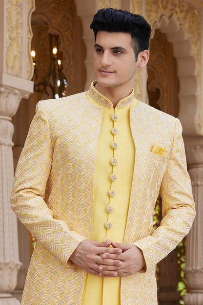Yellow Colour Art Silk Embroidery Work 3 Pcs Indo Western