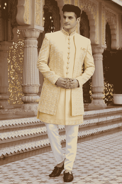 Yellow Colour Art Silk Embroidery Work 3 Pcs Indo Western