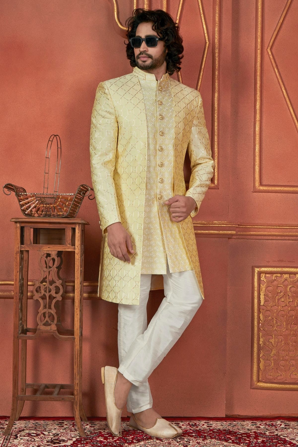 Yellow Colour Art Silk Indowestern Sherwani With Aligadhi Pant SH1230087 A