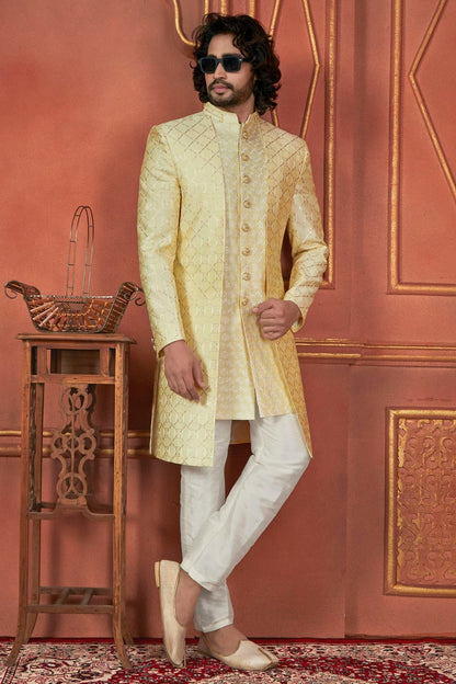 Yellow Colour Art Silk Indowestern Sherwani With Aligadhi Pant SH1230087 A