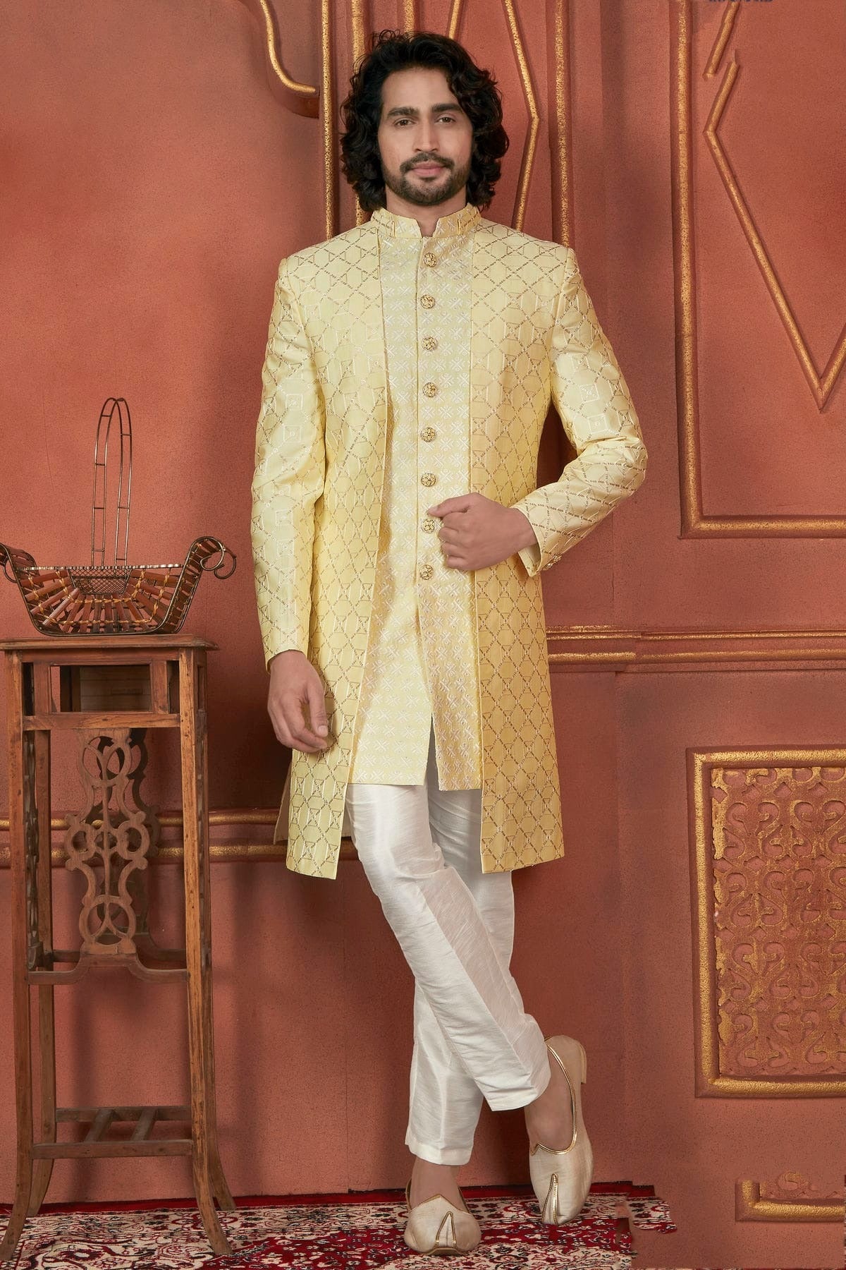 Yellow Colour Art Silk Indowestern Sherwani With Aligadhi Pant SH1230087