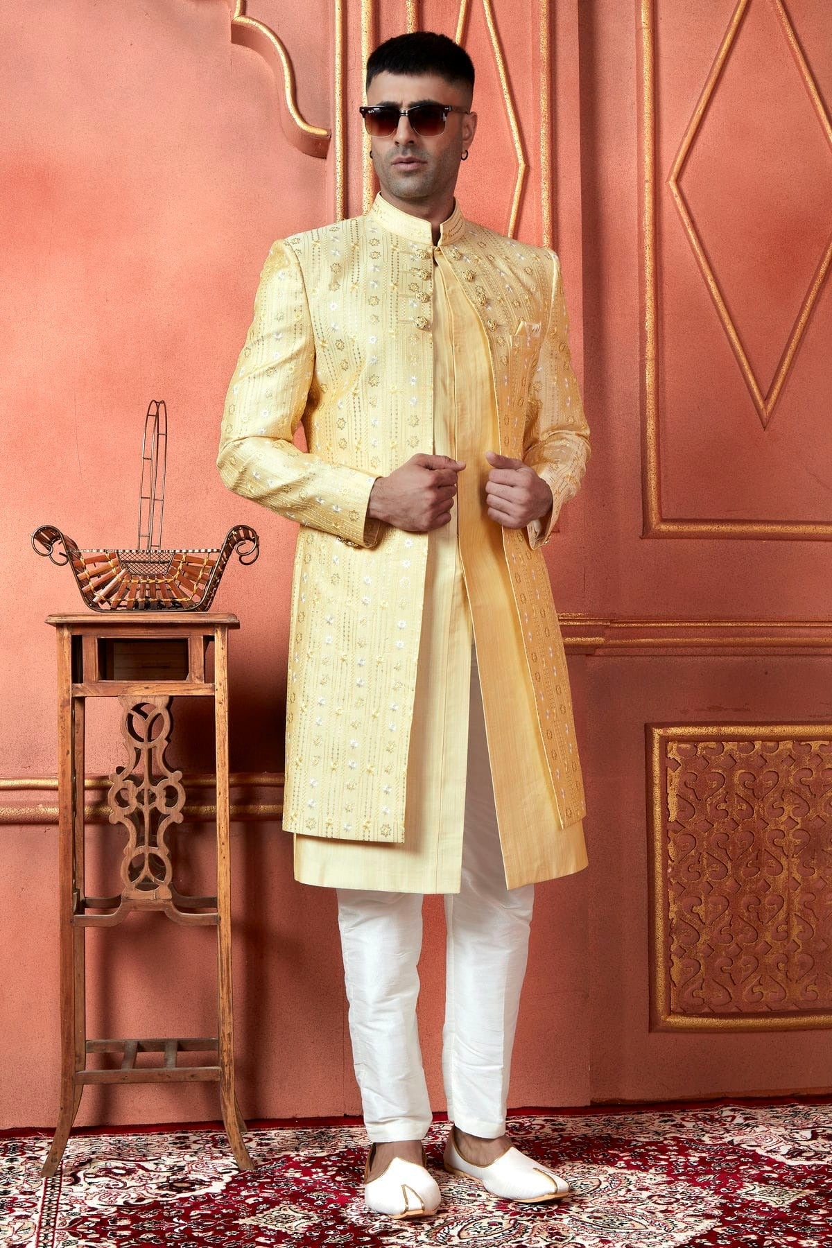 Yellow Colour Art Silk Indowestern Sherwani With Aligadhi Pant SH1230091 A