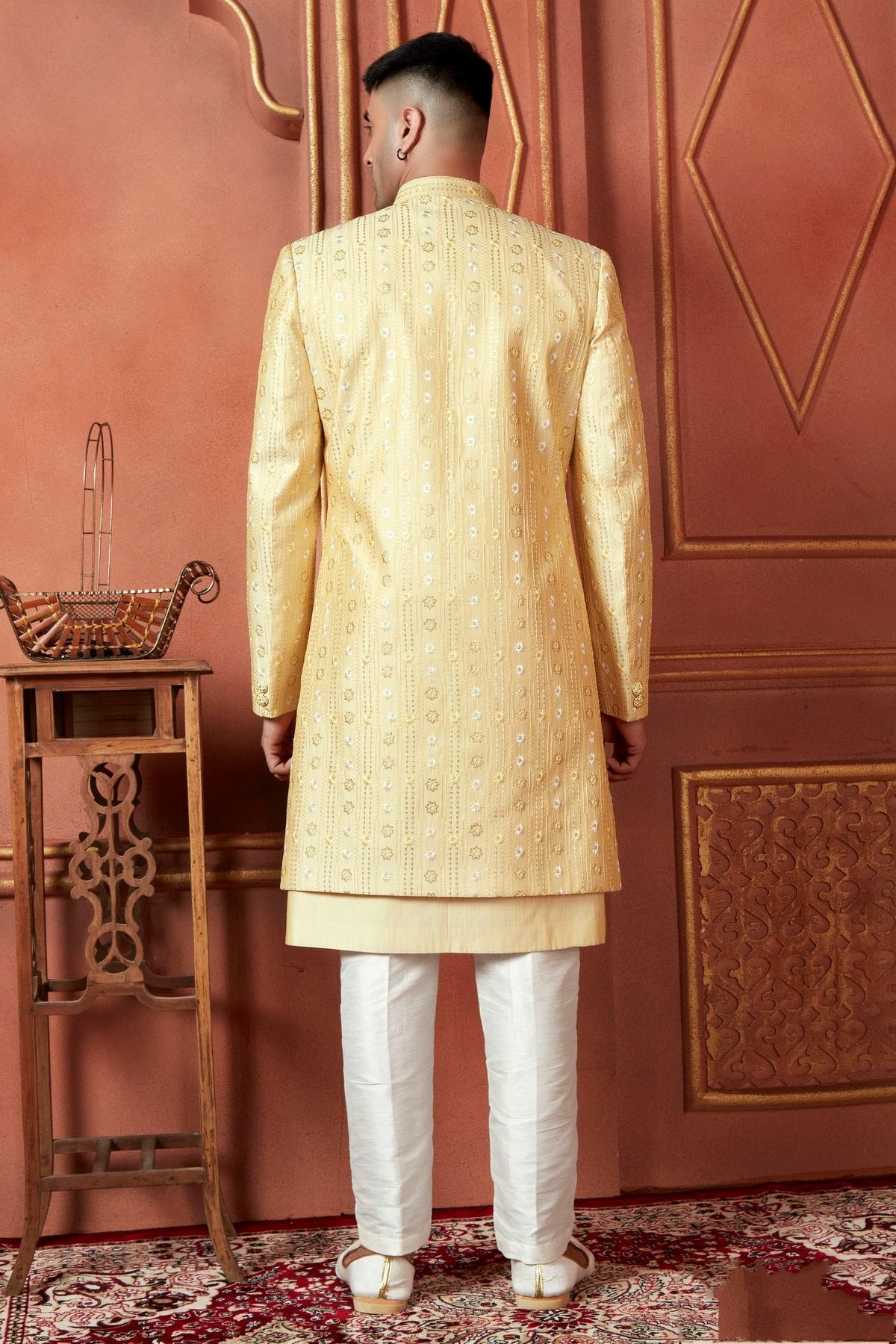 Yellow Colour Art Silk Indowestern Sherwani With Aligadhi Pant SH1230091 B