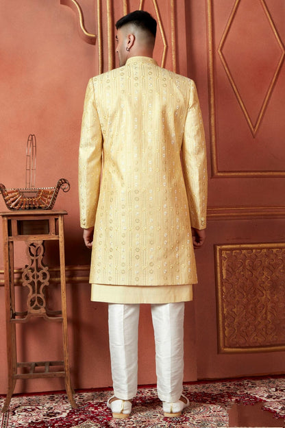 Yellow Colour Art Silk Indowestern Sherwani With Aligadhi Pant SH1230091 B