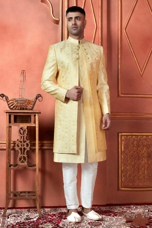 Yellow Colour Art Silk Indowestern Sherwani With Aligadhi Pant SH1230091