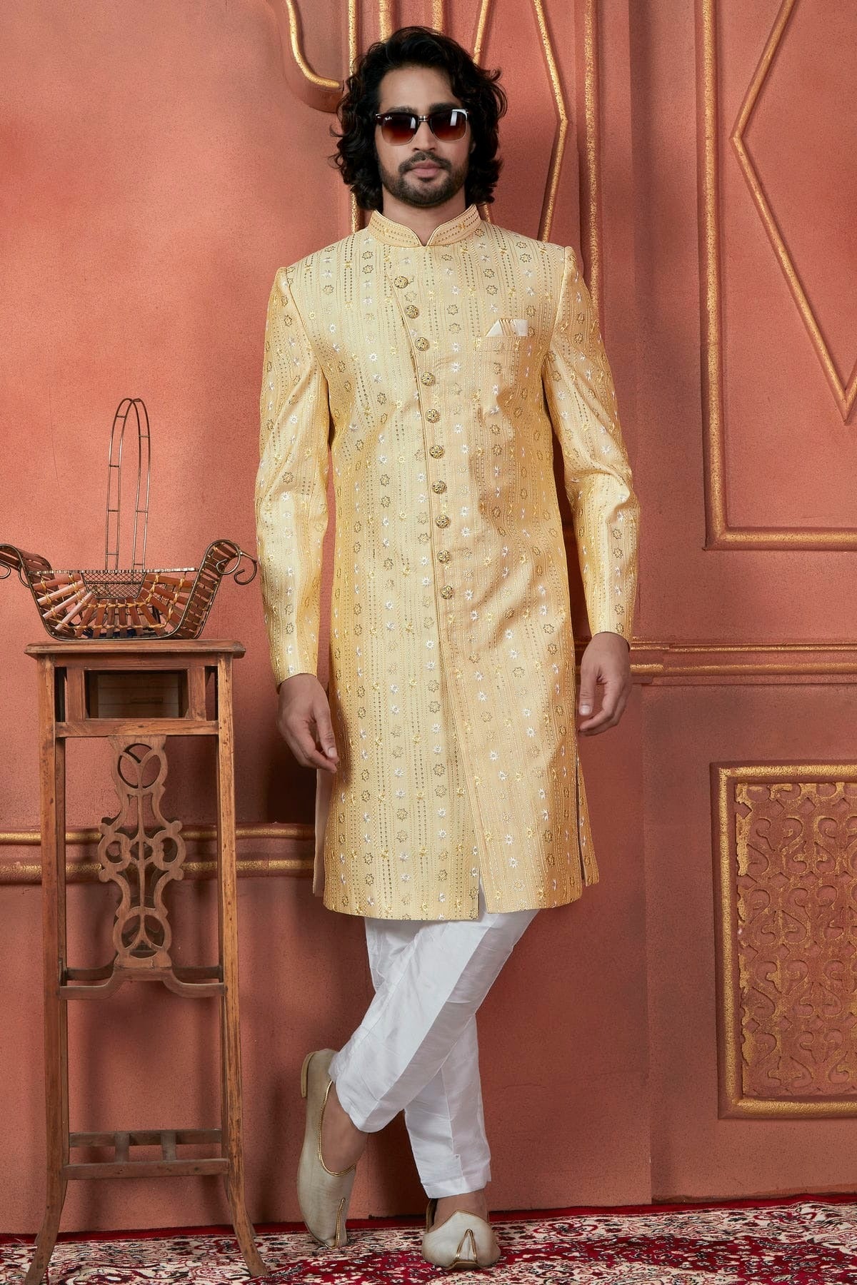 Yellow Colour Art Silk Indowestern Sherwani With Aligadhi Pant SH1230096 A