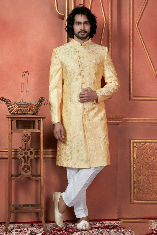 Yellow Colour Art Silk Indowestern Sherwani With Aligadhi Pant SH1230096