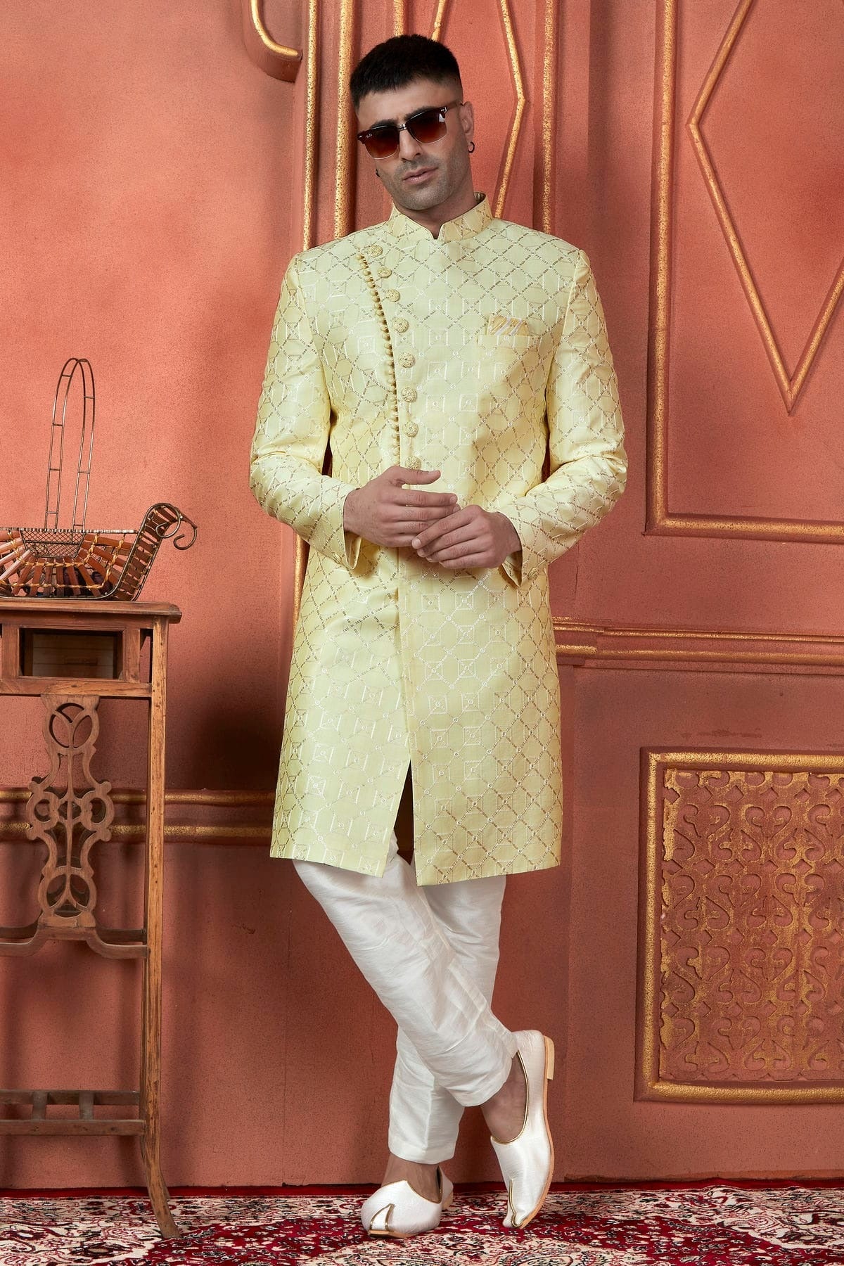 Yellow Colour Art Silk Indowestern Sherwani With Aligadhi Pant SH1230098 A