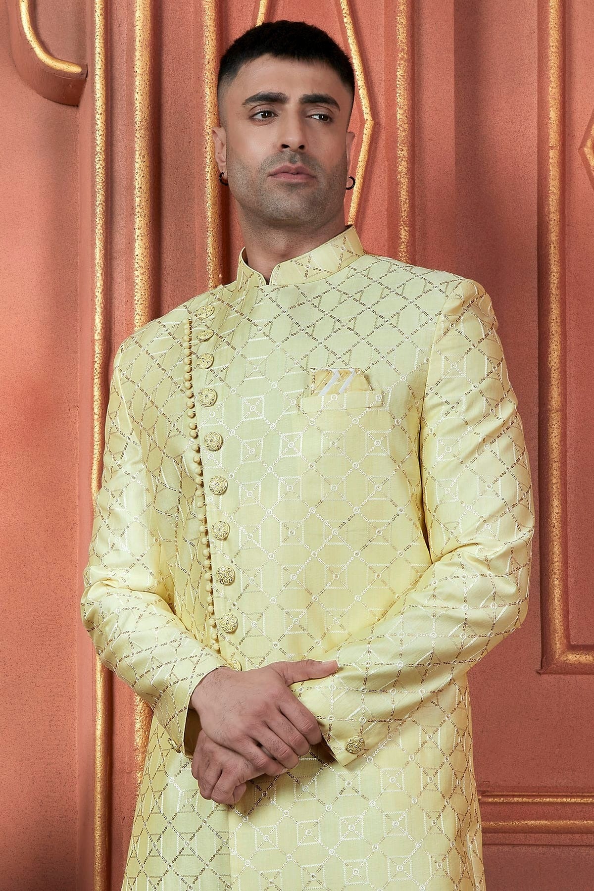 Yellow Colour Art Silk Indowestern Sherwani With Aligadhi Pant SH1230098 B