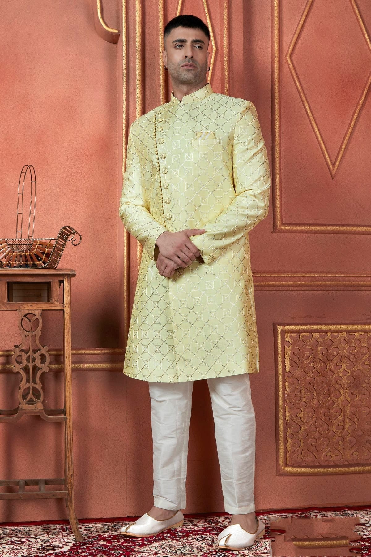 Yellow Colour Art Silk Indowestern Sherwani With Aligadhi Pant SH1230098