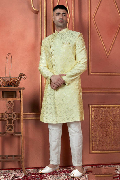 Yellow Colour Art Silk Indowestern Sherwani With Aligadhi Pant SH1230098