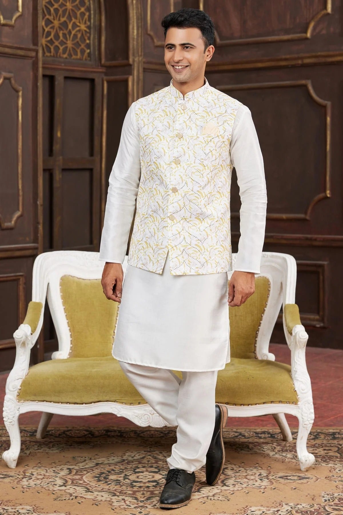 Yellow Colour Art Silk Kurta Pajama With Jacket KP1230264