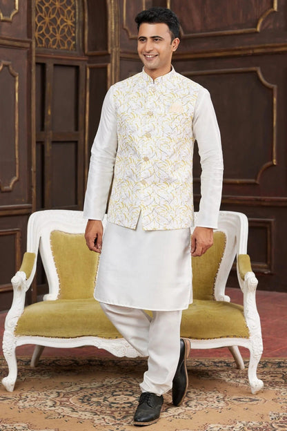 Yellow Colour Art Silk Kurta Pajama With Jacket KP1230264