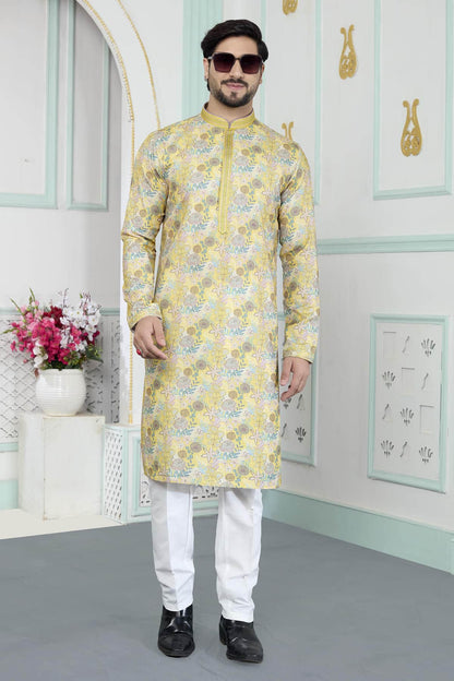Yellow Colour Art Silk Pintux Work Kurta Pajama