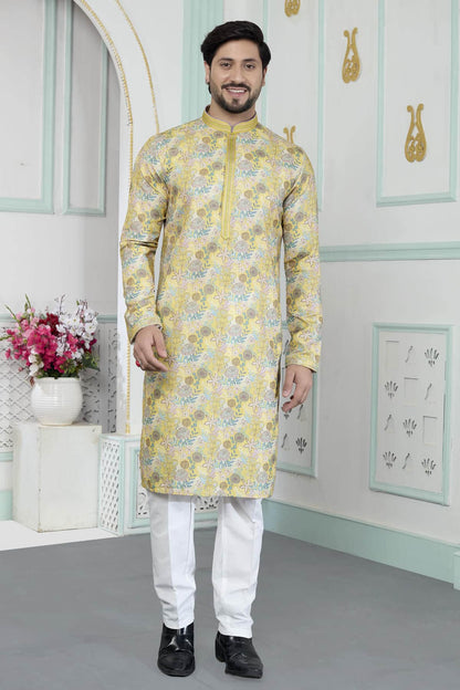 Yellow Colour Art Silk Pintux Work Kurta Pajama