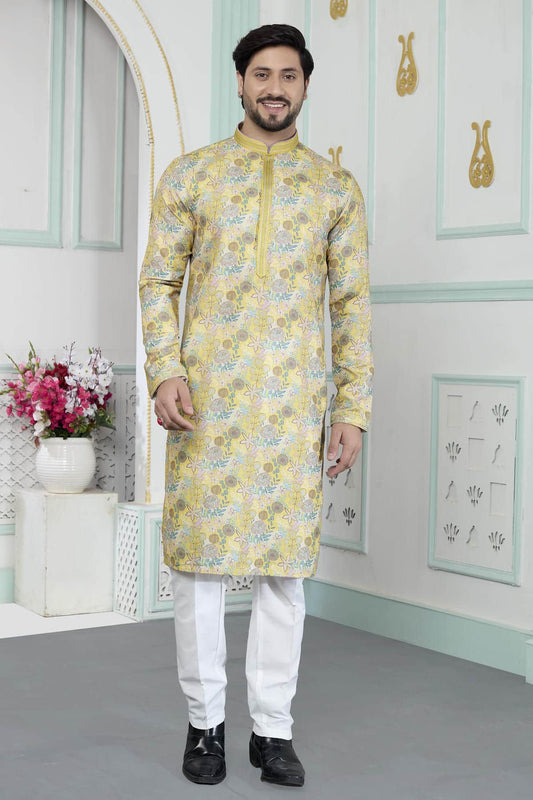 Yellow Colour Art Silk Pintux Work Kurta Pajama