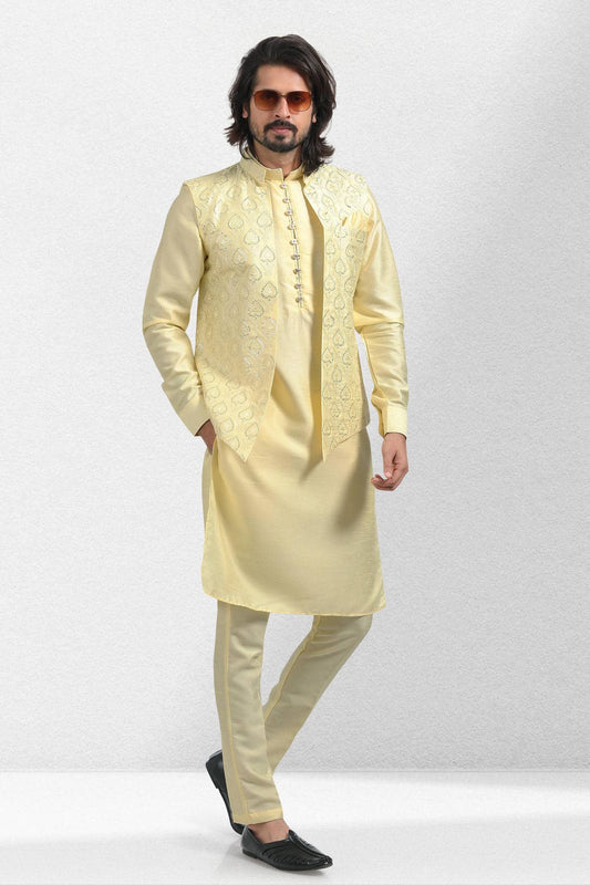 Yellow Colour Art Silk Thread Work Kurta Pajama With Jacket