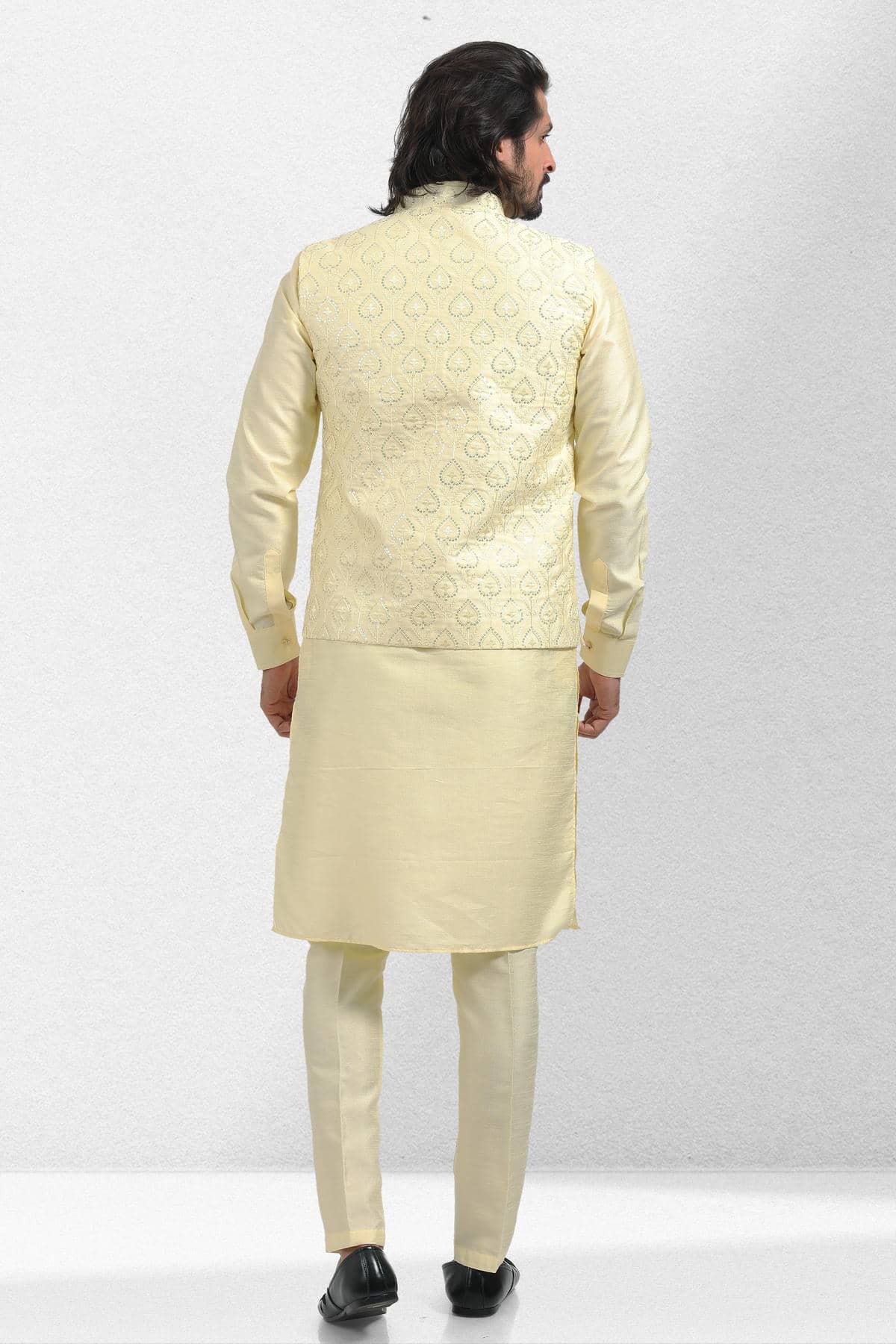 Yellow Colour Art Silk Thread Work Kurta Pajama With Jacket
