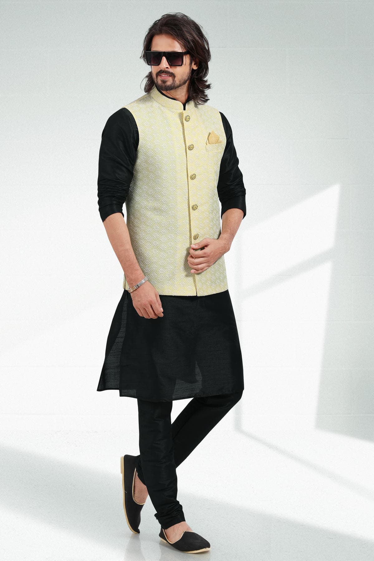 Yellow Colour Art Silk Thread Work Kurta Pajama With Jacket