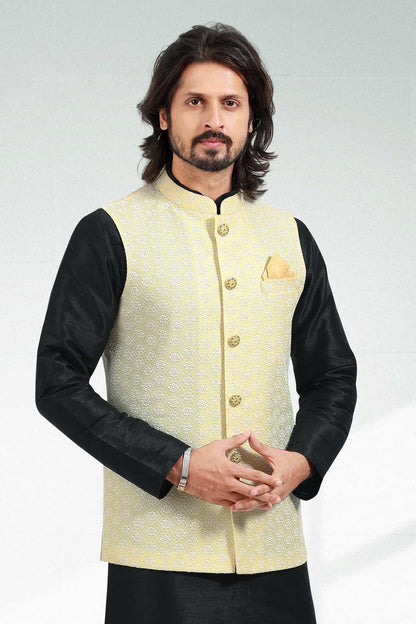 Yellow Colour Art Silk Thread Work Kurta Pajama With Jacket