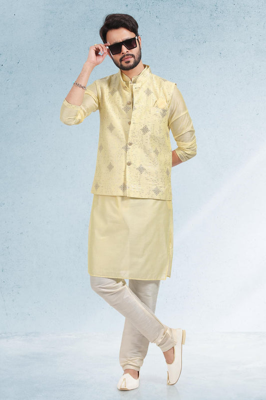 Yellow Colour Art Silk Thread Work Kurta Pajama With Jacket