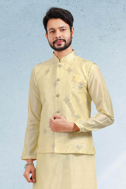 Yellow Colour Art Silk Thread Work Kurta Pajama With Jacket
