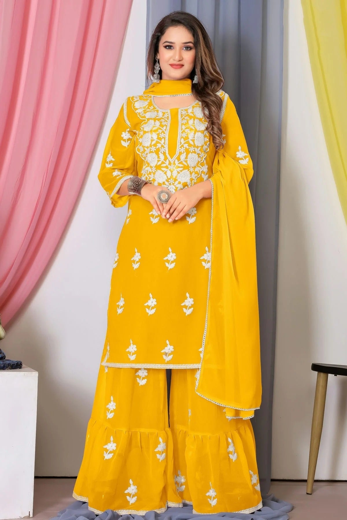 Yellow Colour Bamber Georgette Sharara Suit SM1110704