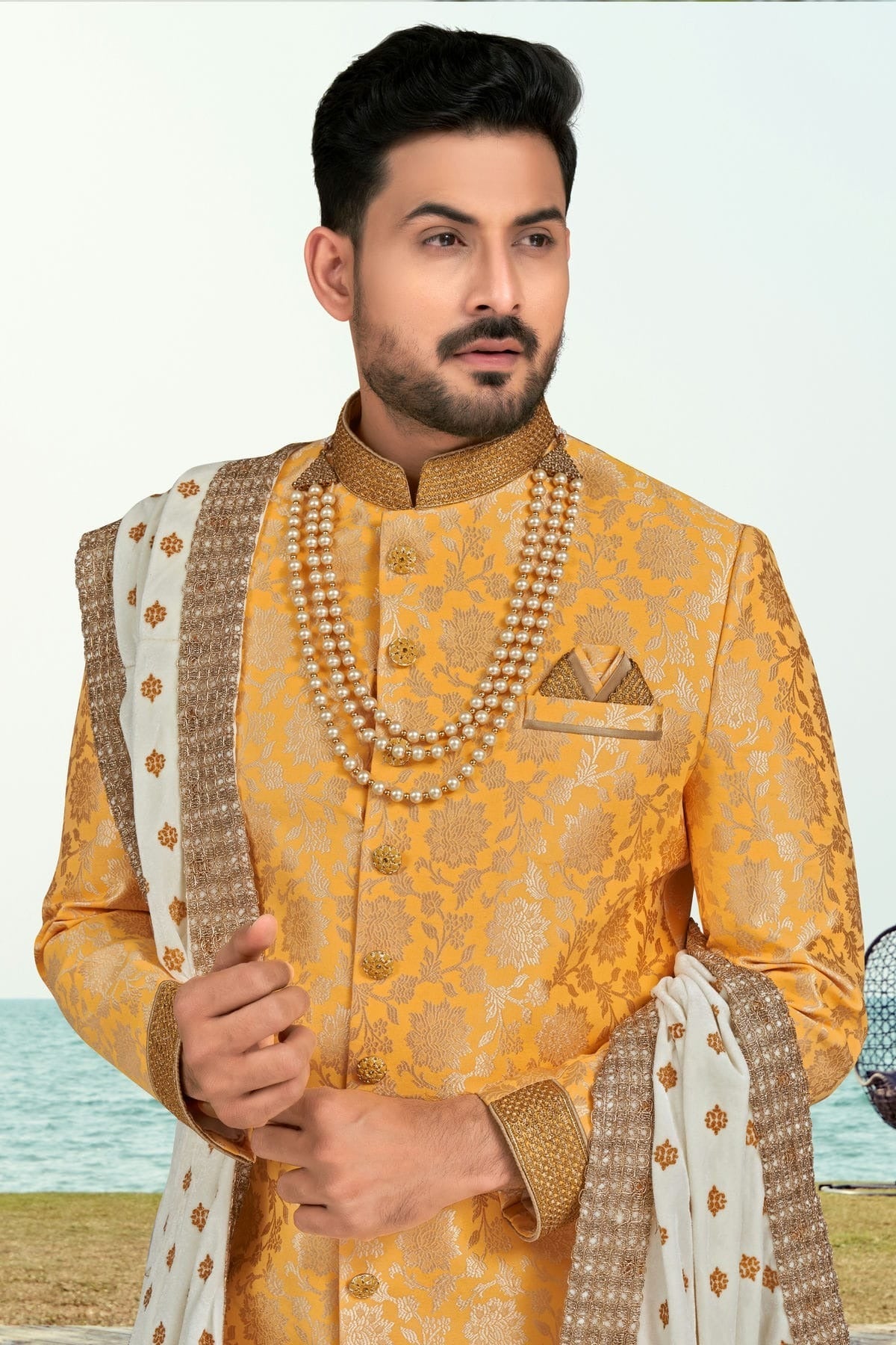 Yellow Colour Banarasi Jacquard Indo Western Sherwani SH1040511 A